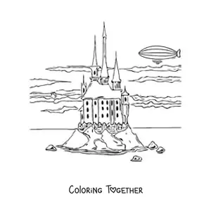 Coloring page of a castle on an island with realistic clouds in the sky and an airship in the background