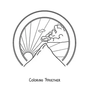 Coloring page of a mountain landscape with a realistic cloud and the Sun in the background