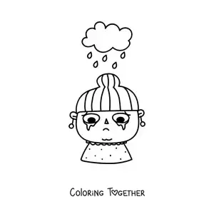 Coloring page of a girl crying with a cloud raining over her head