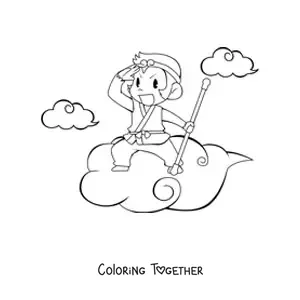 Coloring page of a cartoon monkey riding on a cloud, with clouds in the background
