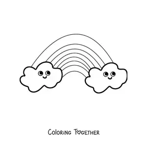 Coloring page of smiling cartoon clouds with a rainbow