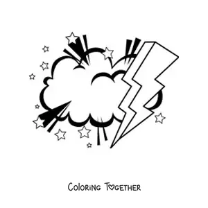 Coloring page of a cloud with a large lightning bolt and stars