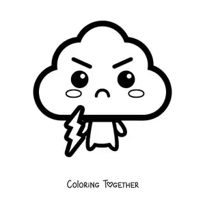 Coloring page of a kawaii cartoon cloud holding a lightning bolt
