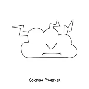 Coloring page of an angry cartoon cloud with lightning bolts shooting out of it