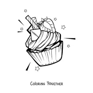 Coloring page of a cupcake decorated with cream and a strawberry