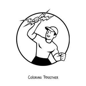 Coloring page of an electrician with 2 lightning bolts in his hand