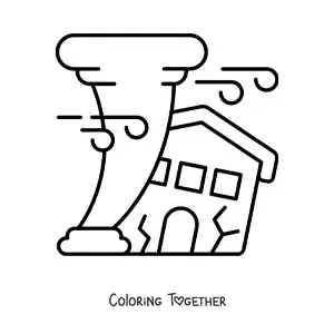 Coloring page of a house being torn apart by a hurricane