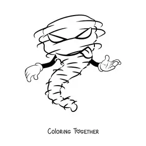 Coloring page of an evil cartoon hurricane with hands