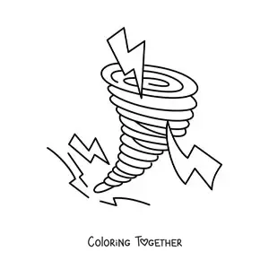 Coloring page of a hurricane with 3 lightning bolts