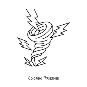 Coloring page of a hurricane with 5 lightning bolts