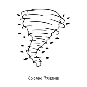 Coloring page of a hurricane dragging along tree leaves
