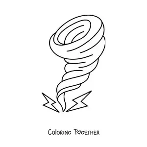 Coloring page of a hurricane with 2 lightning bolts