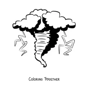 Coloring page of a realistic hurricane with lightning bolts shooting out of it