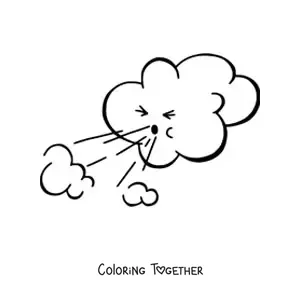 Coloring page of a cloud blowing wind