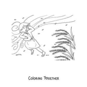 Coloring page of a man being swept along by the wind in a wheat field