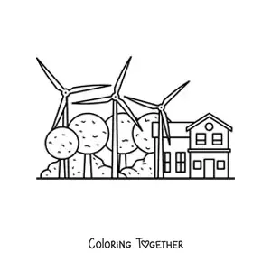 Coloring page of windmills providing electricity to a house, with trees in the background