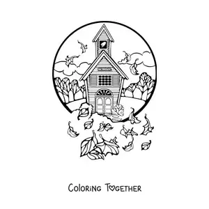 Coloring page of a school with trees and leaves in the wind