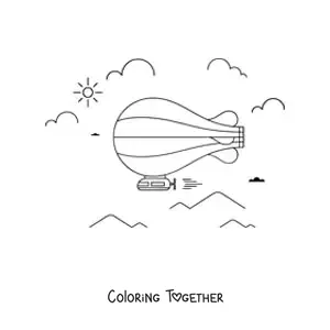 Coloring page of an airship flying with clouds and mountains in the background