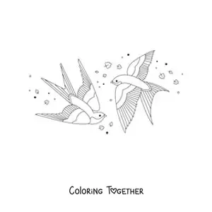 Coloring page of birds flying with leaves in the wind in the background