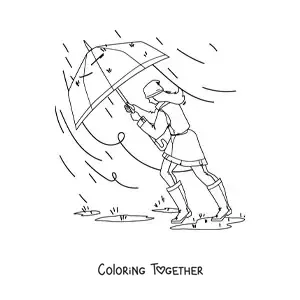 Coloring page of a girl with an umbrella walking in a strong storm