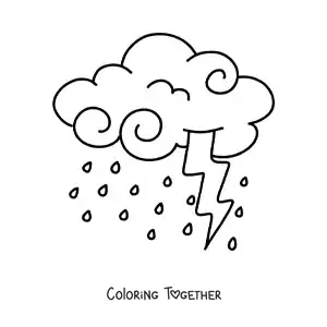 Coloring page of a cloud with rain and a lightning bolt in a storm with lightning