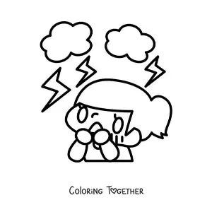 Coloring page of a girl scared by a thunderstorm