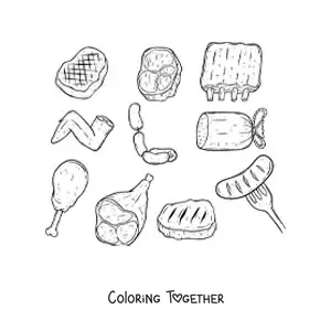Coloring page of several red and white meats