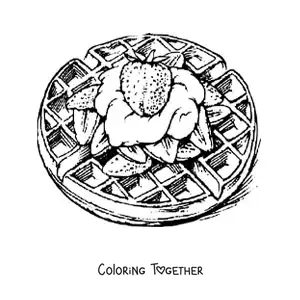 Coloring page of waffles with cream and strawberries