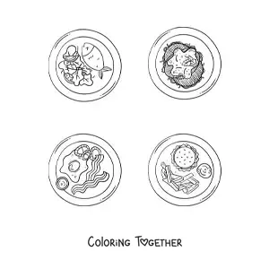 Coloring page of several dishes with cooked meat