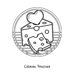 Coloring page of a chunk and a slice of cheese with a heart