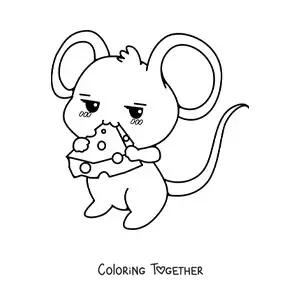 Coloring page of a cute kawaii cartoon mouse eating cheese