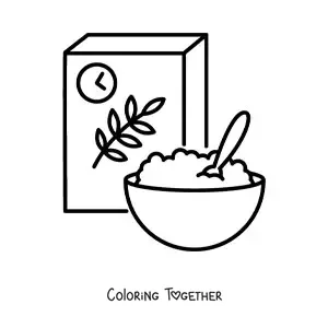 Coloring page of a cereal box and a bowl of cereal with milk
