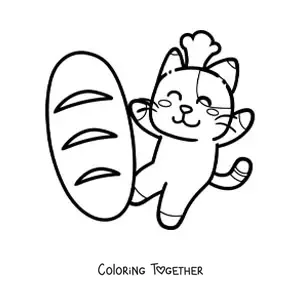 Coloring page of a kawaii animated cat with a loaf of wheat bread