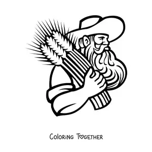 Coloring page of a farmer carrying sheaves of wheat