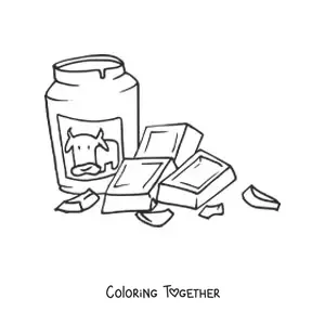 Coloring page of a piece of chocolate next to a jar of milk