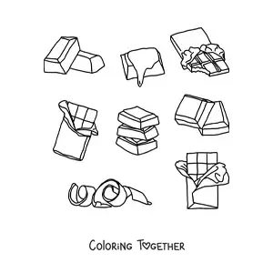 Coloring page of several chocolate bars and pieces