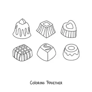 Coloring page of several chocolate bonbons