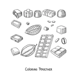 Coloring page of several pieces of chocolate and cocoa