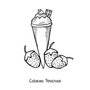 Coloring page of an ice cream cone next to two strawberries