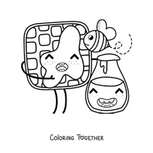 Coloring page of a cute kawaii animated waffle with a jar of honey and a bee