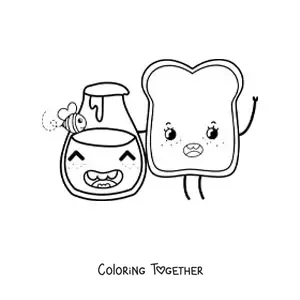 Coloring page of a cute kawaii animated piece of toast with a jar of honey and a bee
