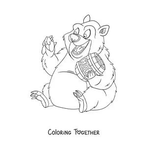 Coloring page of an animated bear eating honey