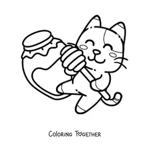 Coloring page of an animated cat with a jar of honey