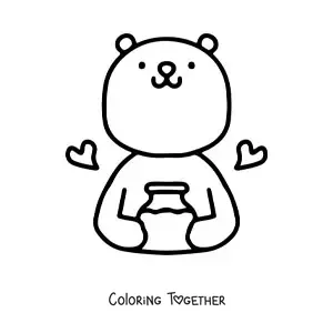 Coloring page of a cute bear with a jar of honey