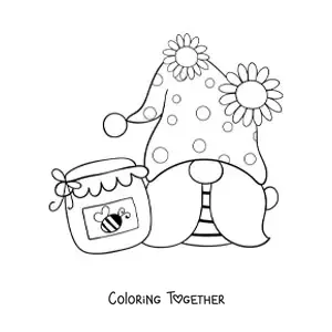 Coloring page of a kawaii gnome with a jar of honey