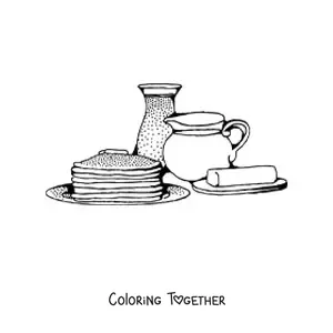 Coloring page of several pancakes with margarine and milk