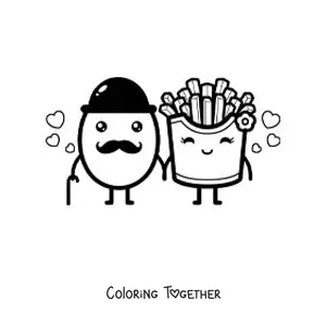 Coloring page of a potato with a mustache next to some animated french fries