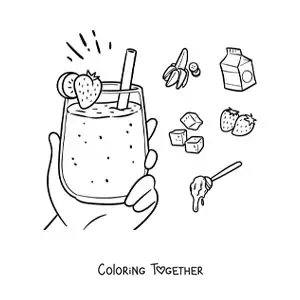 Coloring page of a hand holding a strawberry smoothie surrounded by its ingredients