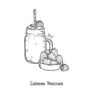 Coloring page of a pitcher of strawberry milkshake next to several strawberries