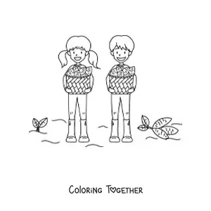 Coloring page of two children harvesting potatoes